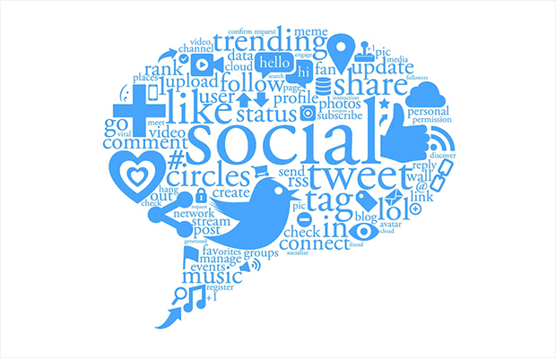 Eine Wordcloud in Form einer Sprechblase mit diversen Social Media Begriffen.