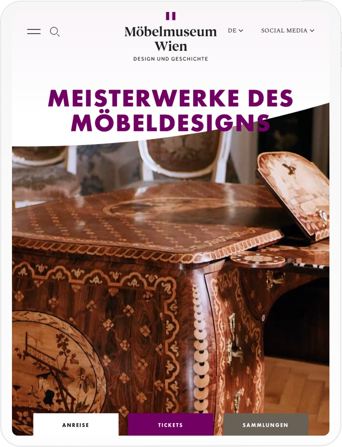 Mockup der Startseite des Möbelmuseums auf einem Tablet.