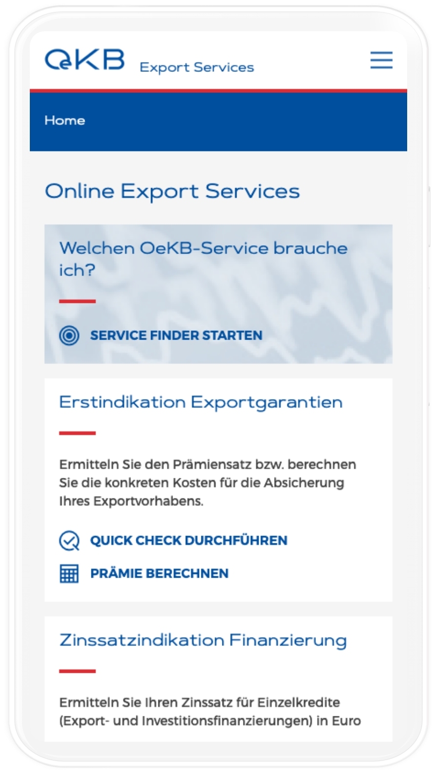 OeKB Kundenportal Export Services Viewport auf Mobile