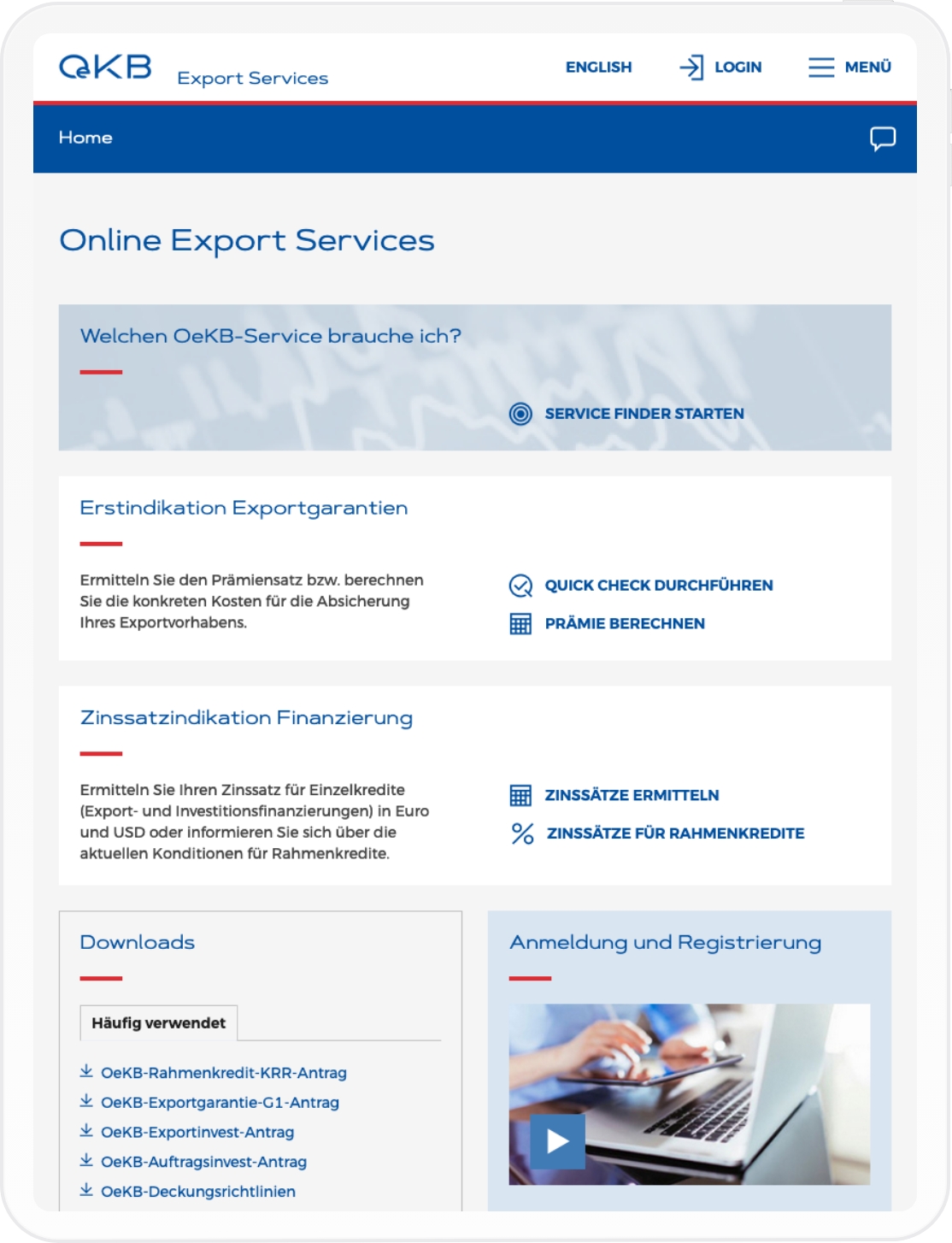 OeKB Kundenportal Export Services Viewport auf Tablet