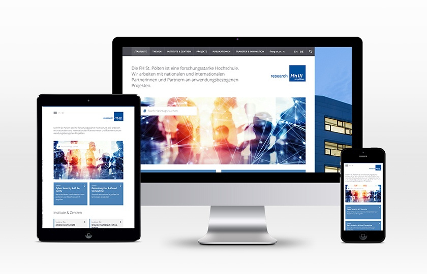 Mockups der FH St. Pölten Forschung Seite auf mobile, tablet und dektop.