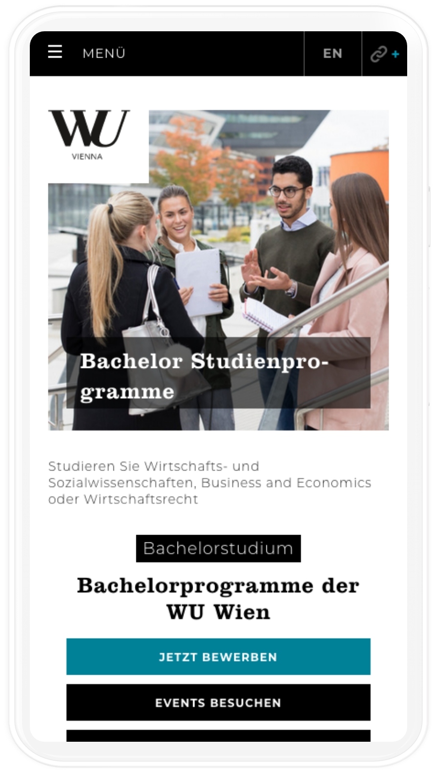 Viewport der Bachelor Studienprogramme der WU Wien auf Mobile