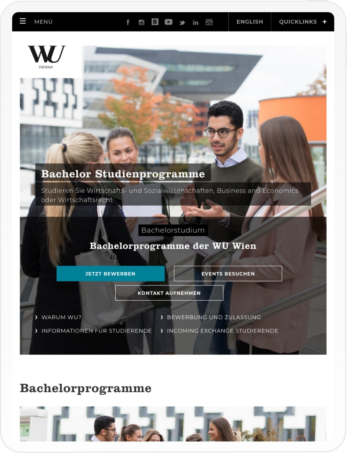 Viewport der Bachelor Studienprogramme der WU Wien auf Tablet