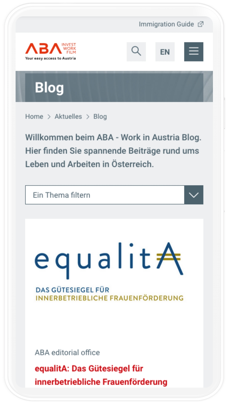 Mobile-Ansicht des ABA-Blogs.