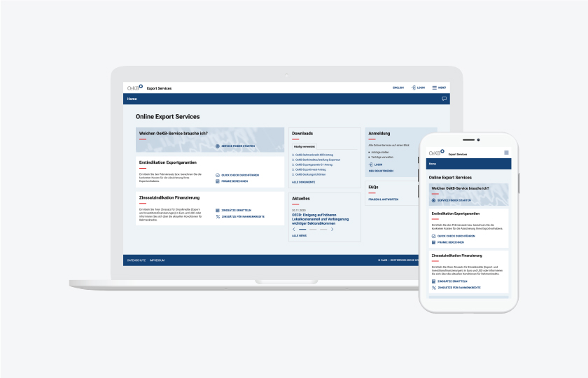 Die OeKB Kund:innenplattform in Desktop und Mobile Auflösung