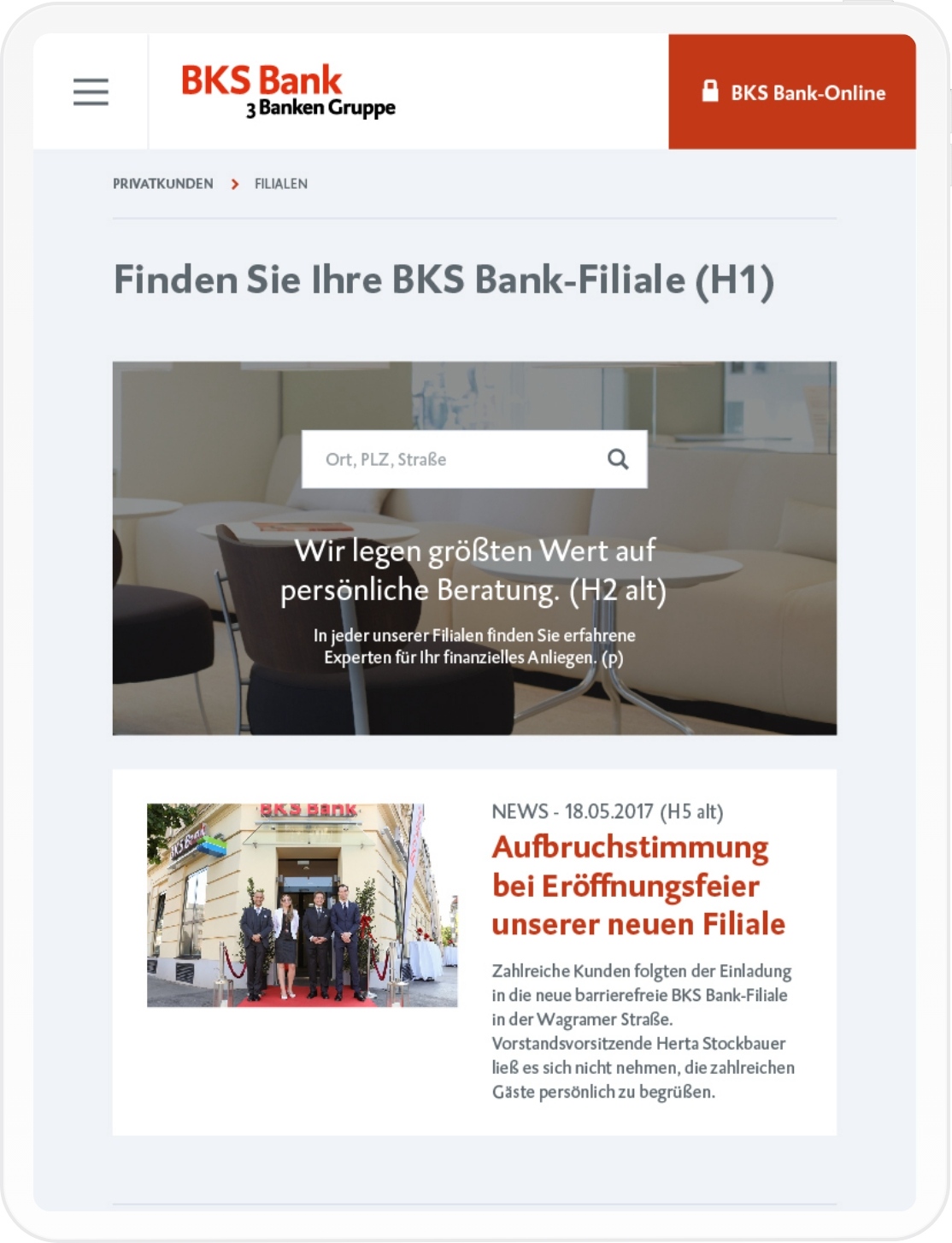 Filialfinder der BKS Bank Tablet