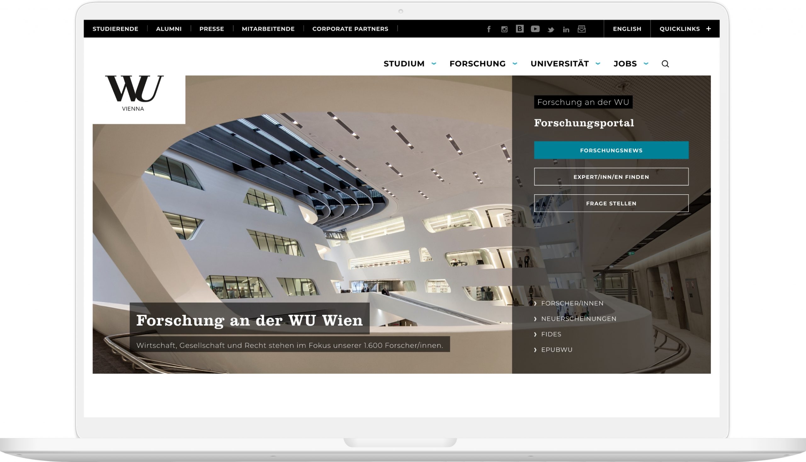 Viewport des Forschungsportals der WU Wien auf Laptop