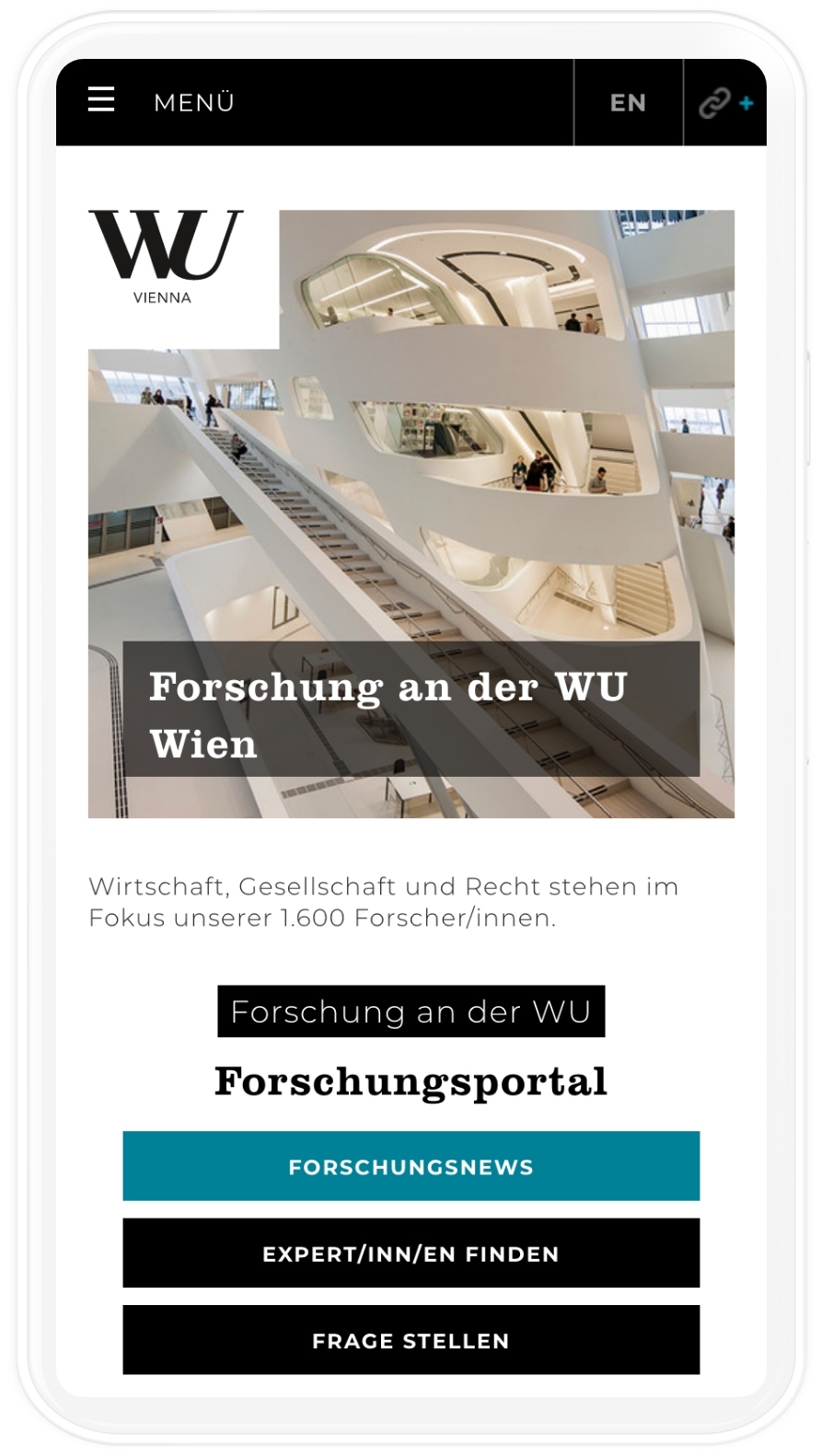 Viewport des Forschungsportals der WU Wien auf Mobile