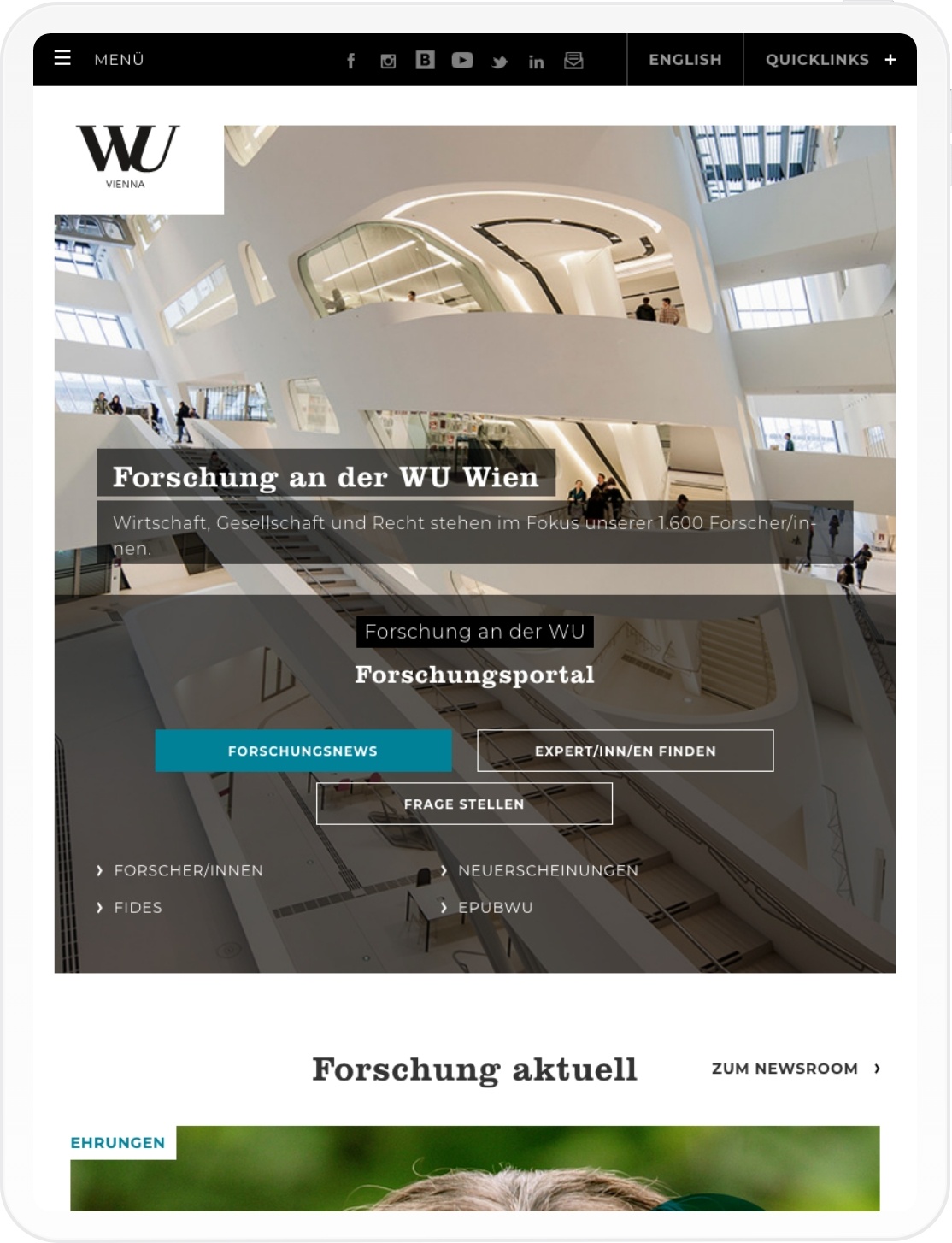 Viewport des Forschungsportals der WU Wien auf Tablet
