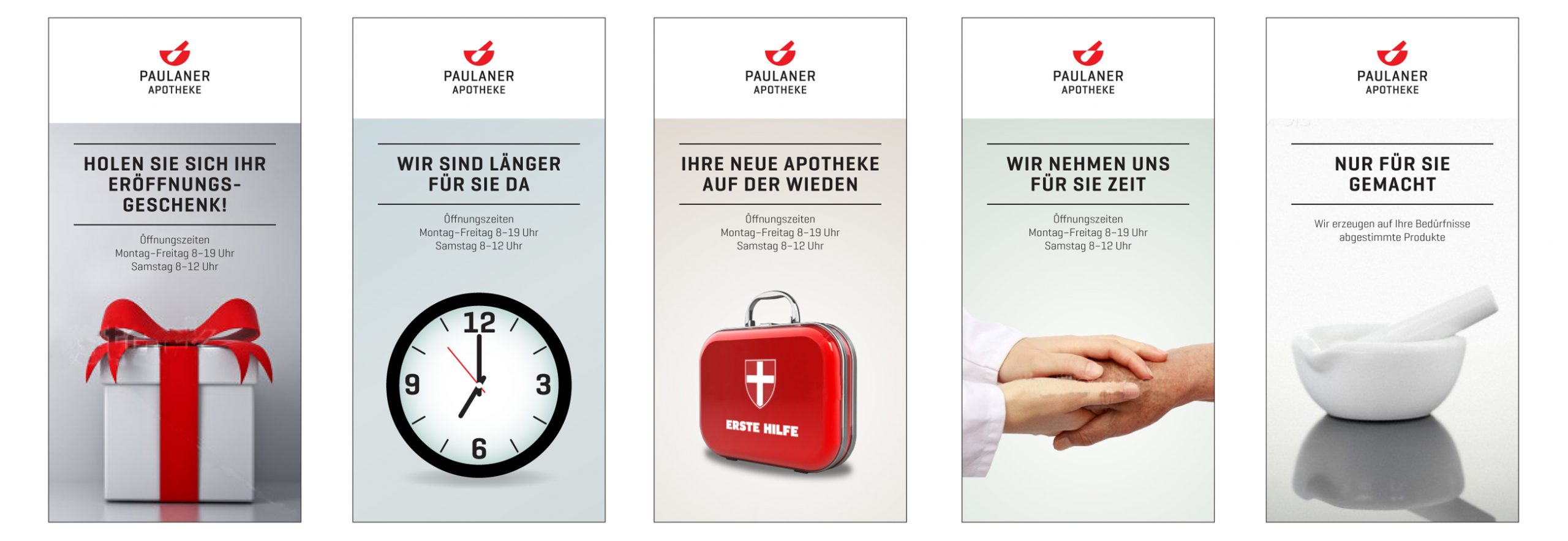 Eine Collage der Leuchtkästen-Brandings der Paulaner Apotheke