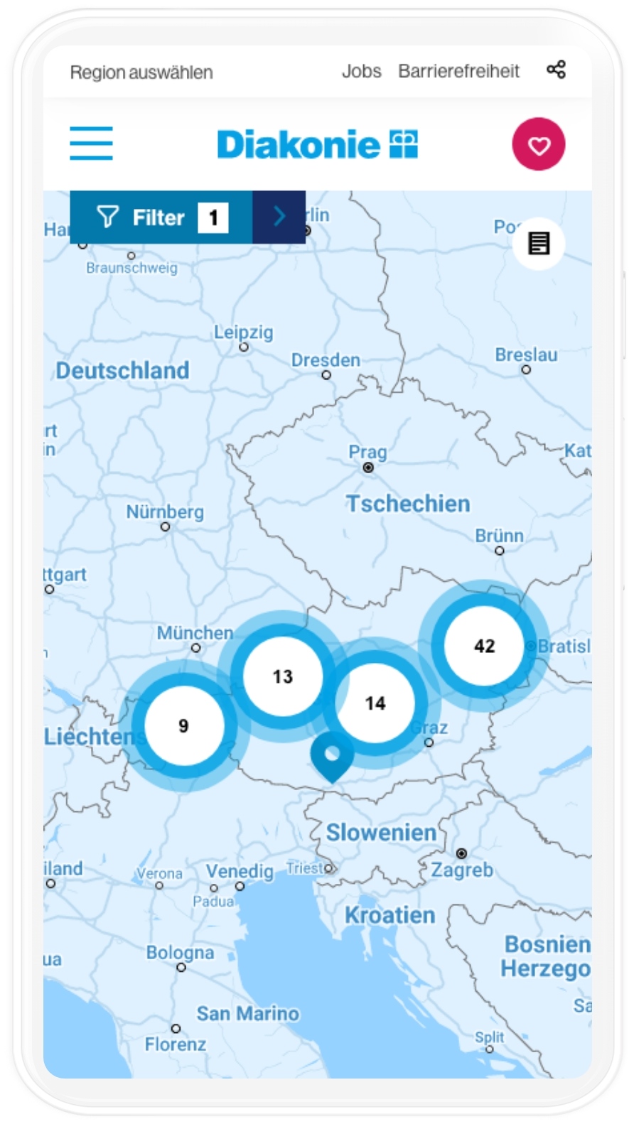 Standortsuche der Diakonie Website auf Smartphone