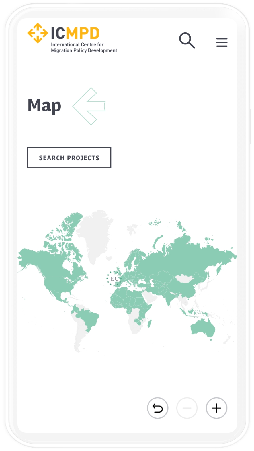 Map-Design auf der Icmpd Website in Mobile Auflösung