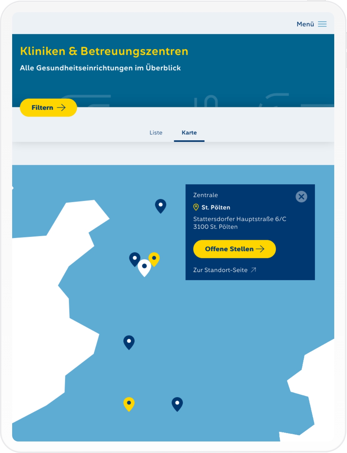 Karriereportal Map Viewport der NÖLGA auf Tablet