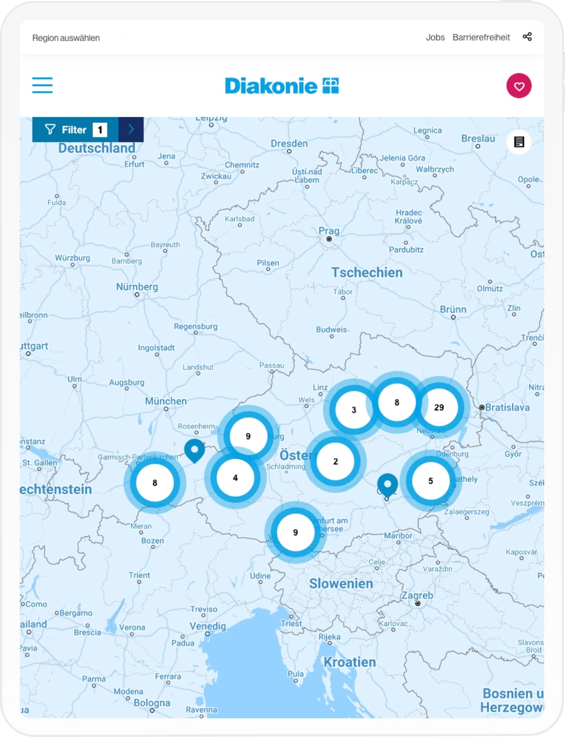 Standortsuche der Diakonie Website auf Tablet