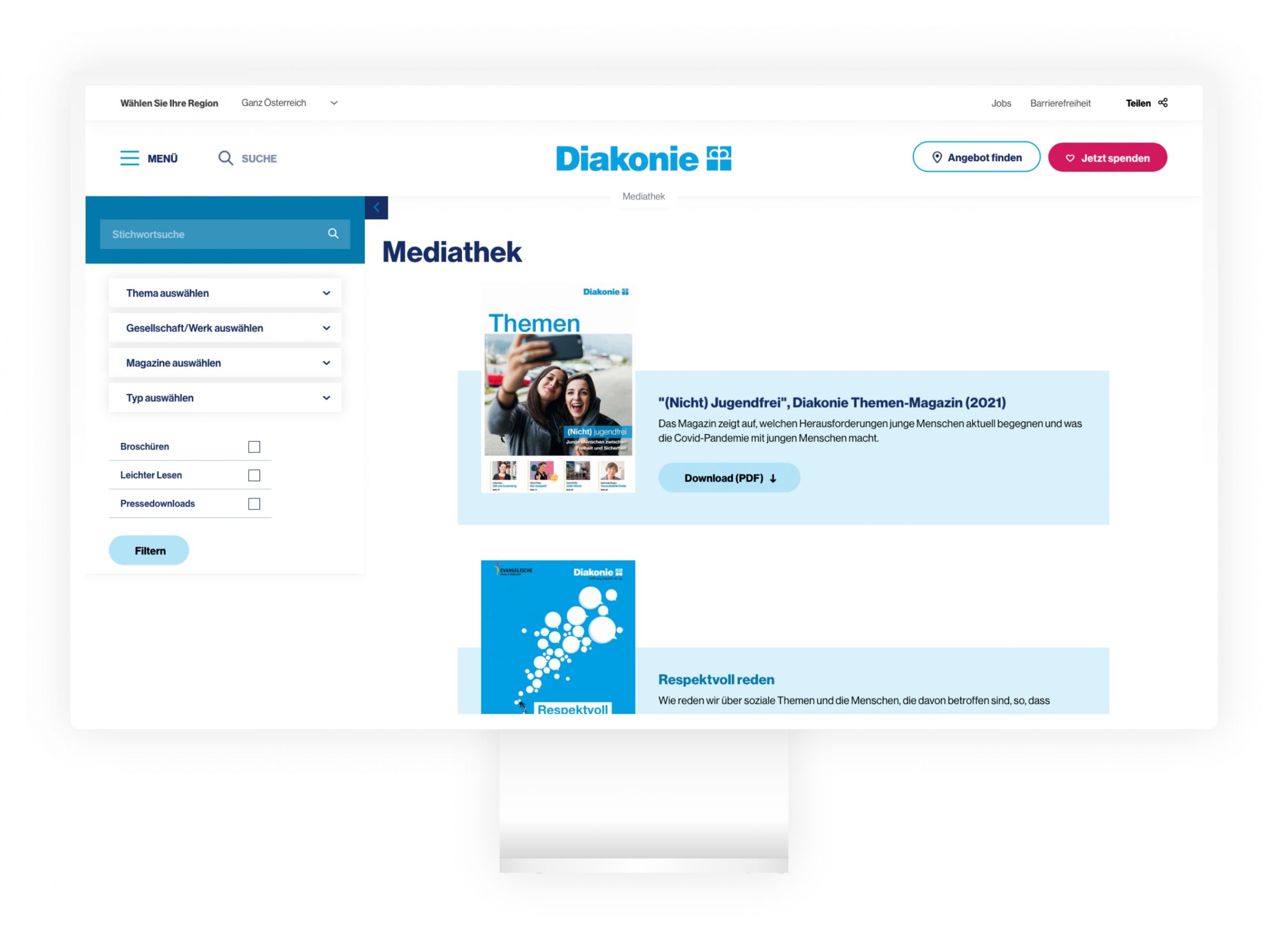 Mediathek der Diakonie Website auf Desktop