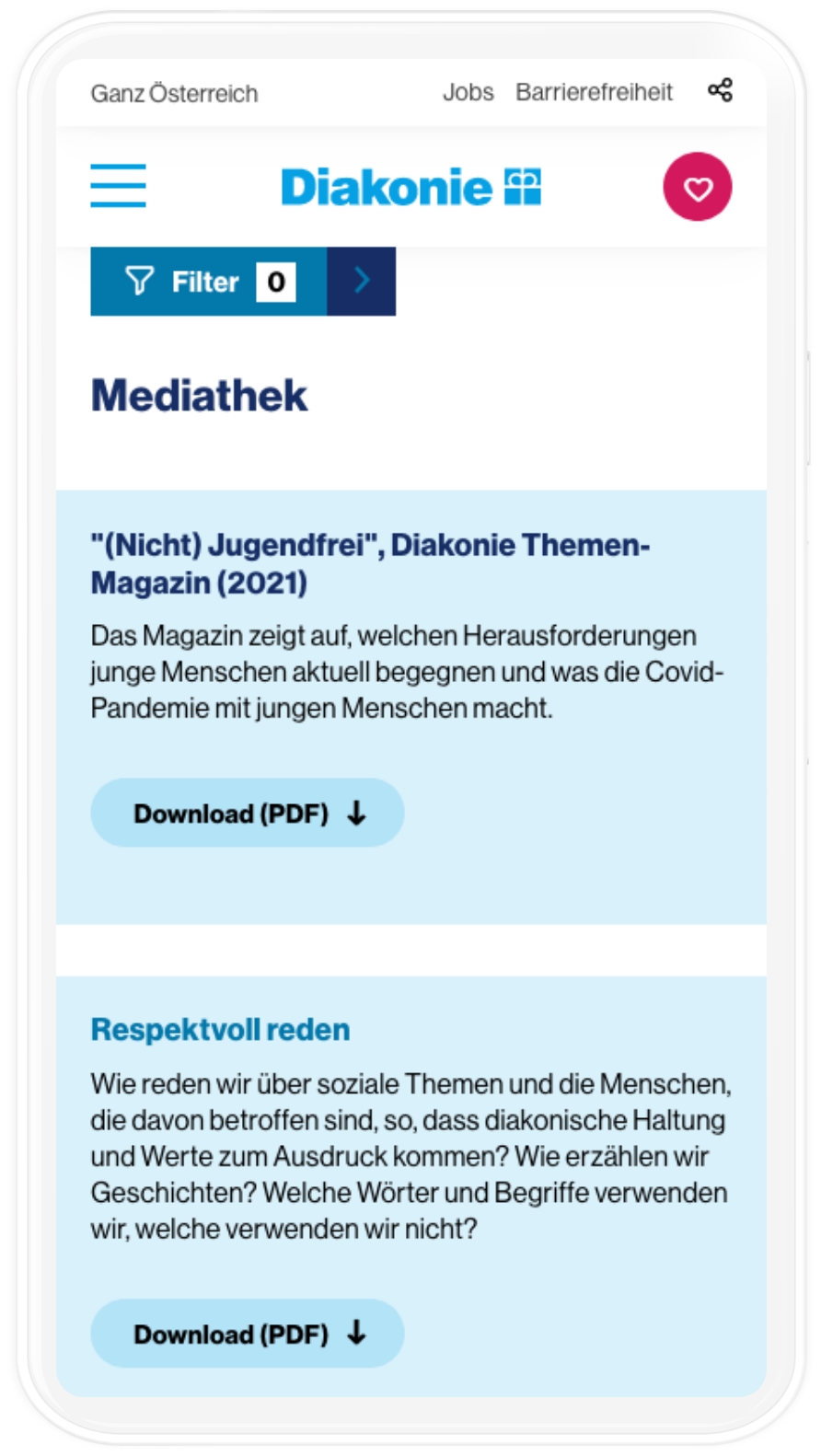 Mediathek der Diakonie Website auf Smartphone