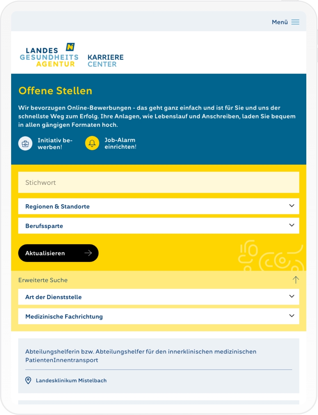 Karriereportal offene Stellen Viewport der NÖLGA auf Tablet
