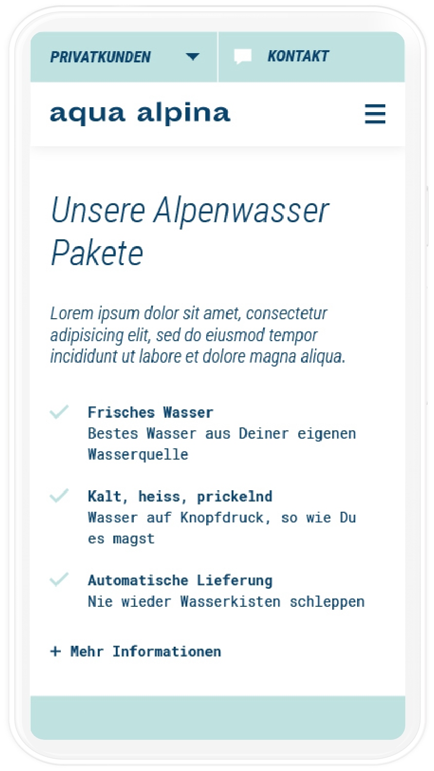 Produktübersicht der Aqua Alpina Website Mobile