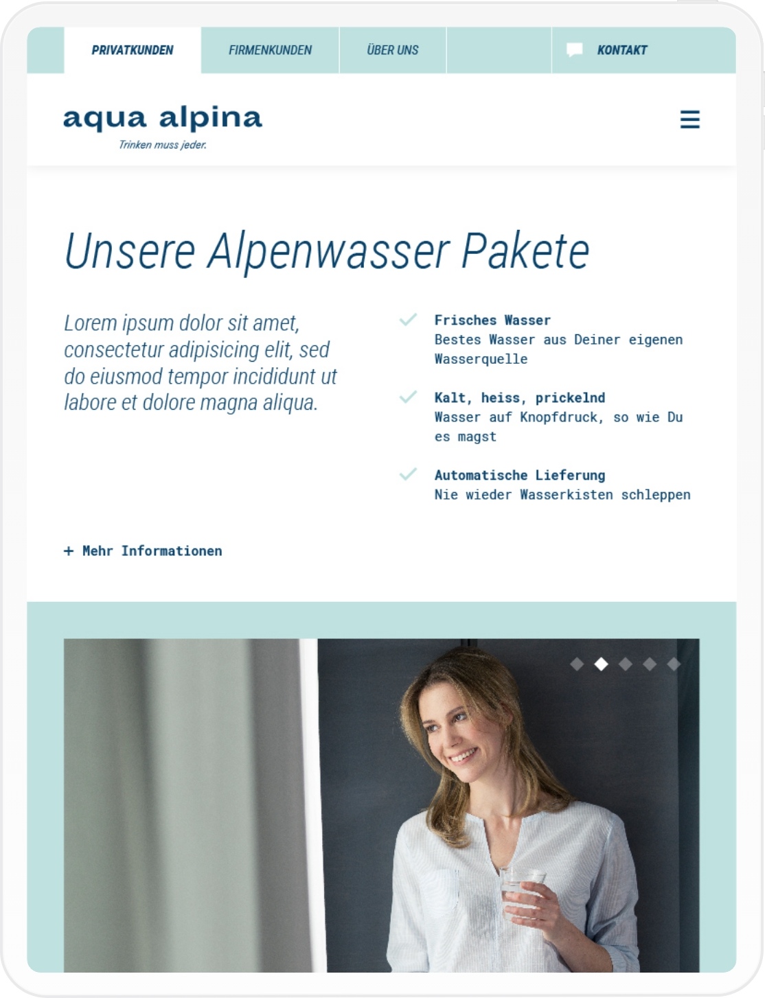 Produktübersicht der Aqua Alpina Website Tablet