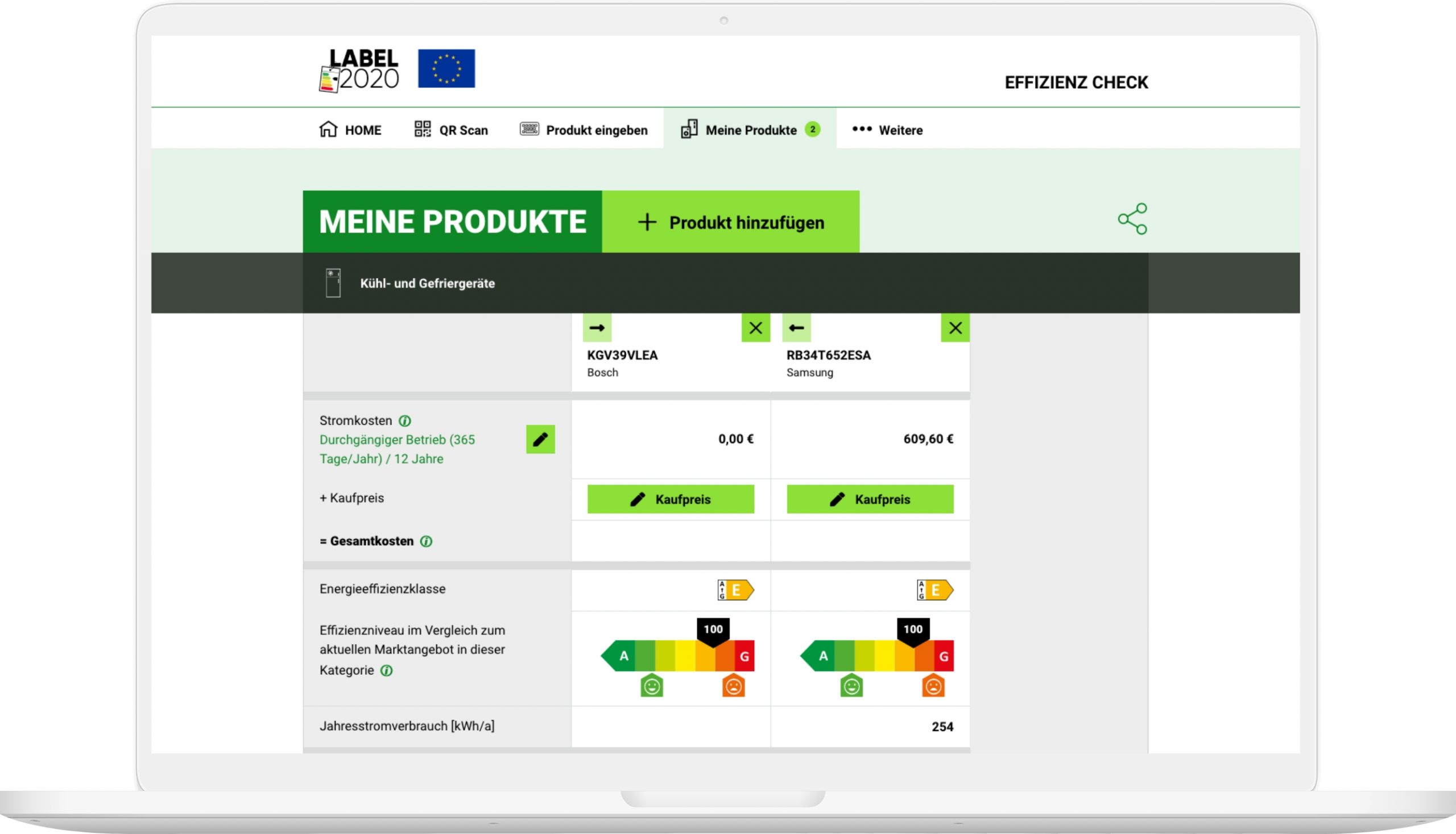 Produktvergleich der Label 2020 Website in Laptop-Auflösung