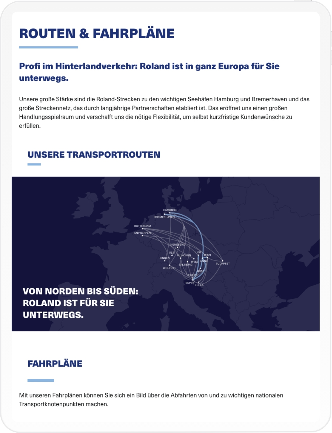 Viewport der Transportrouten-Seite auf Tablet