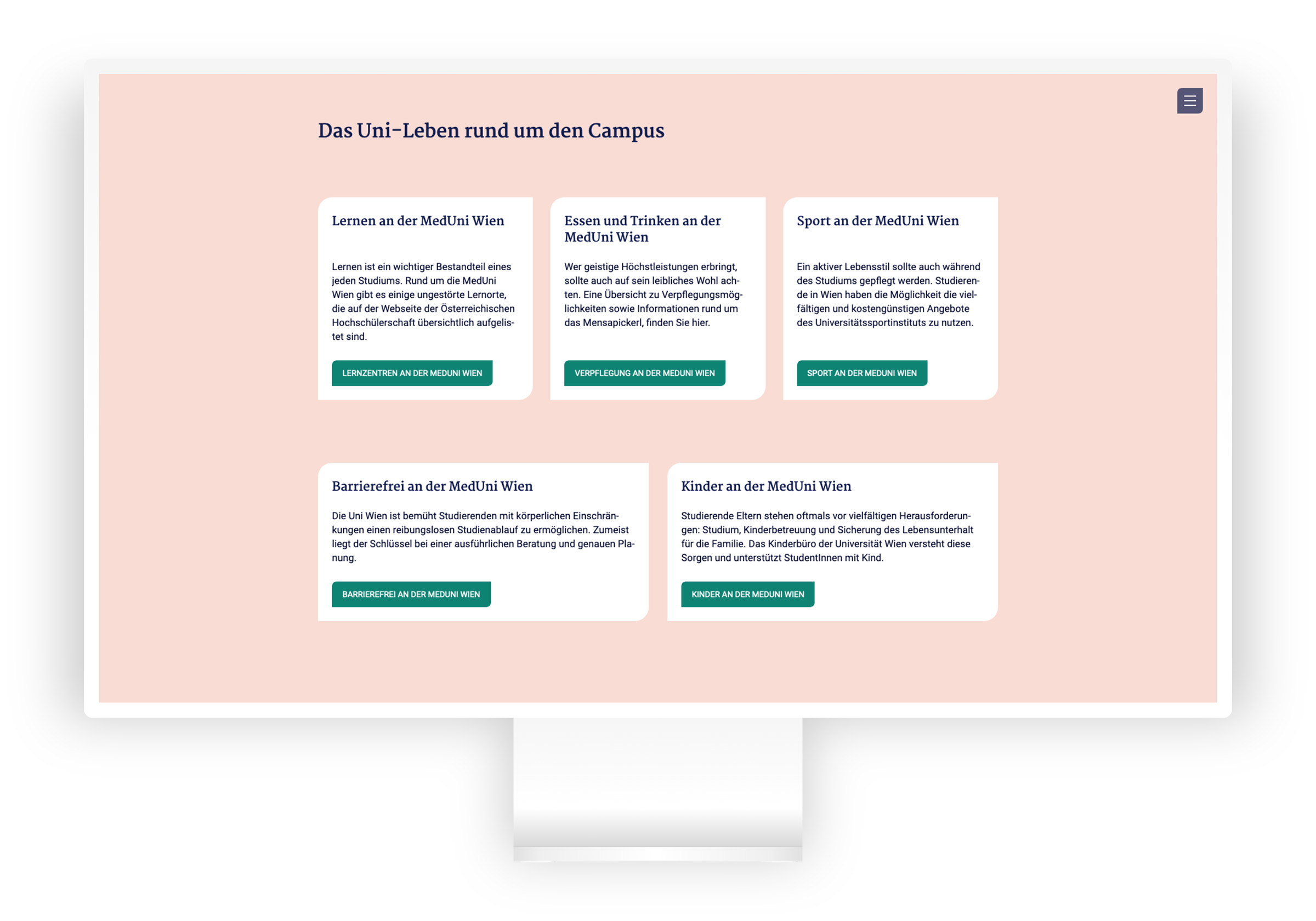 Studierenden Infos auf der Meduni Wien Seite in Desktop-Auflösung