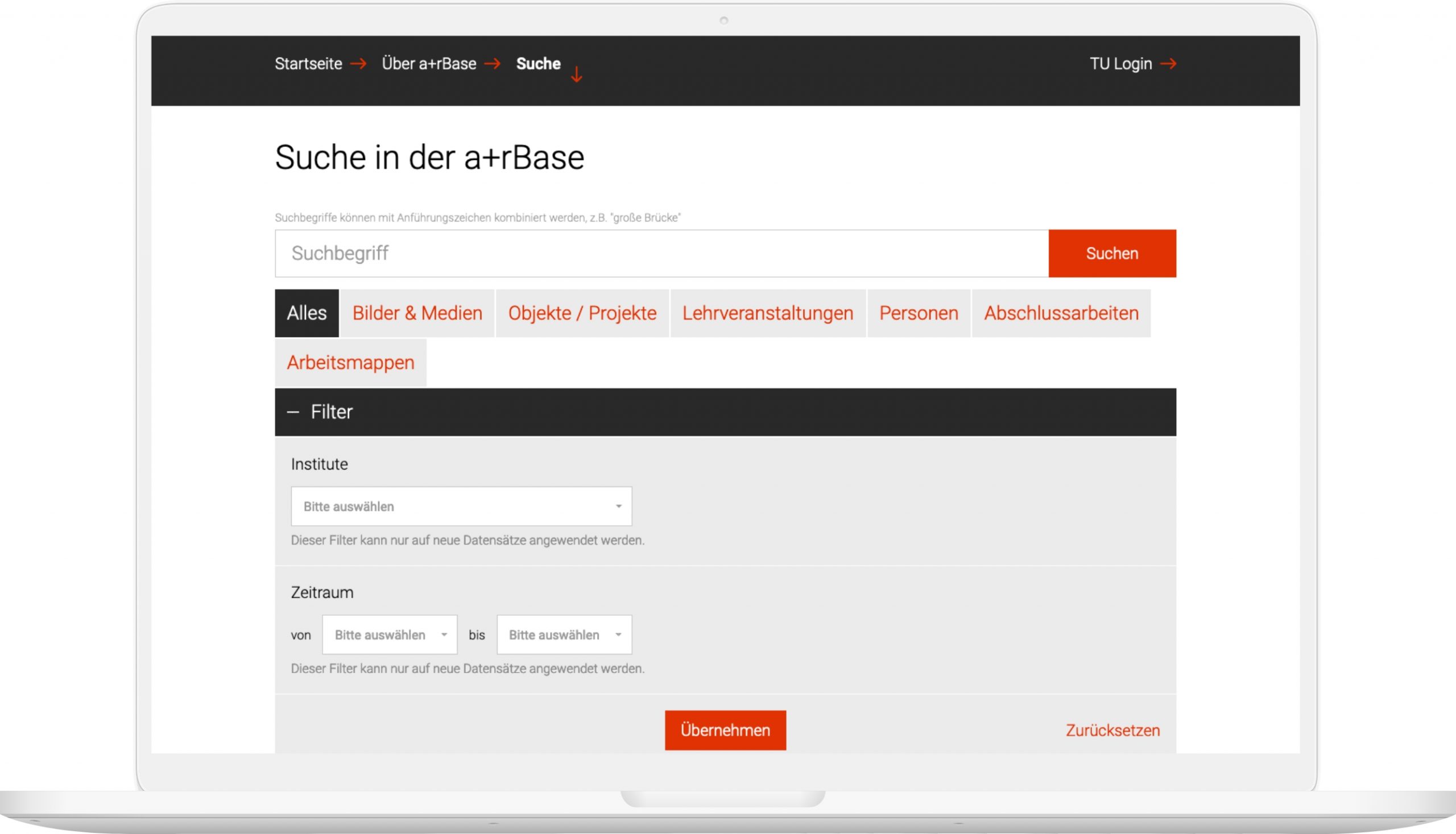 Viewport der a+rBase Suche auf Laptop