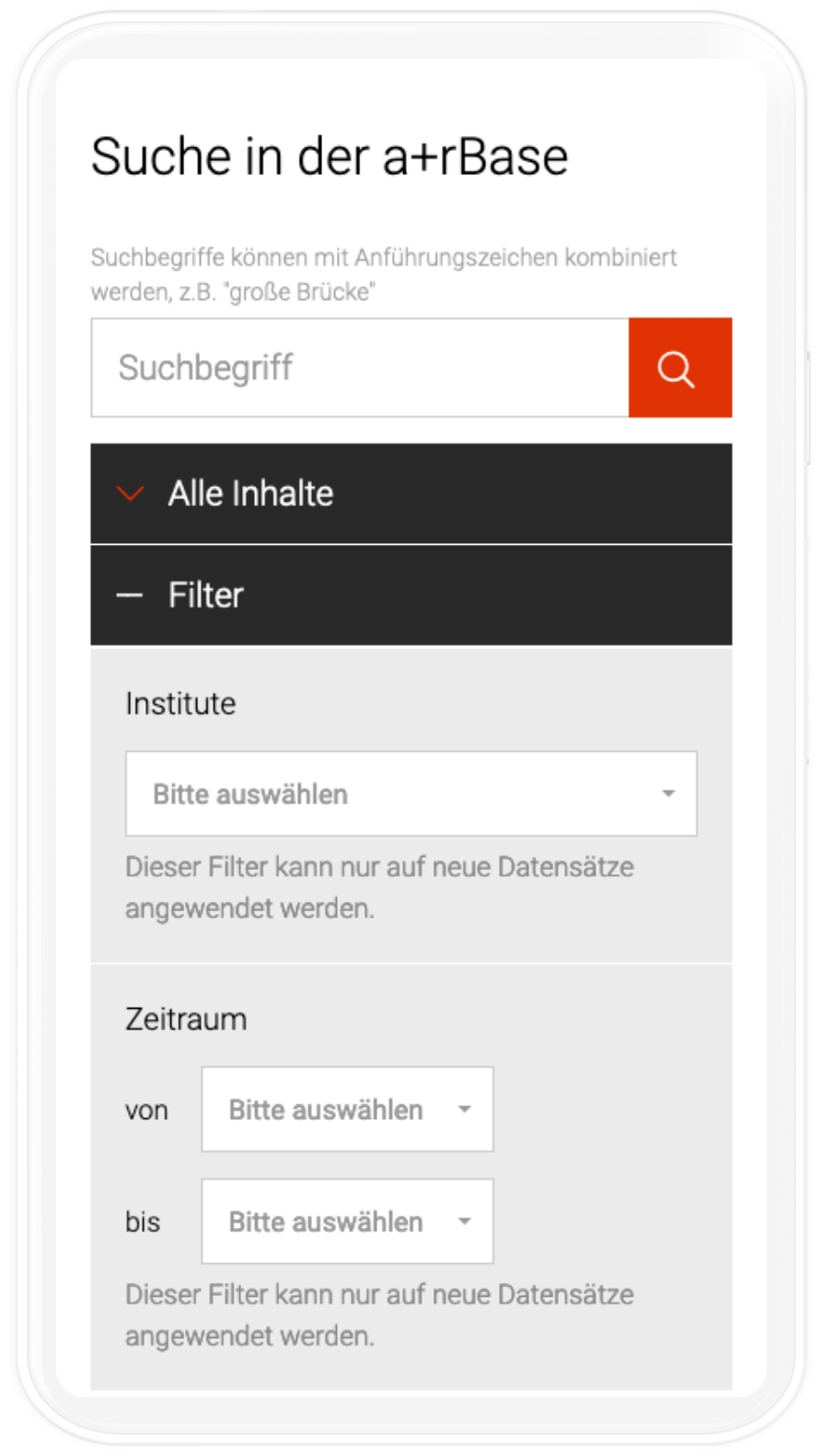 Viewport der a+rBase Suche auf Mobile