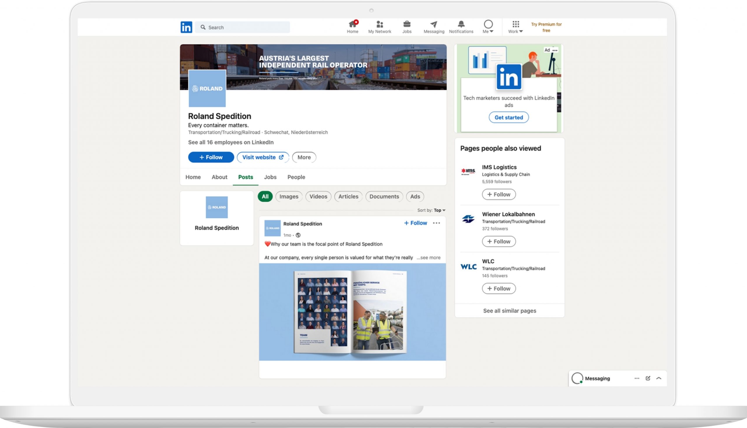 Linkedin Unternehmensaccount der Roland Spedition auf Laptop