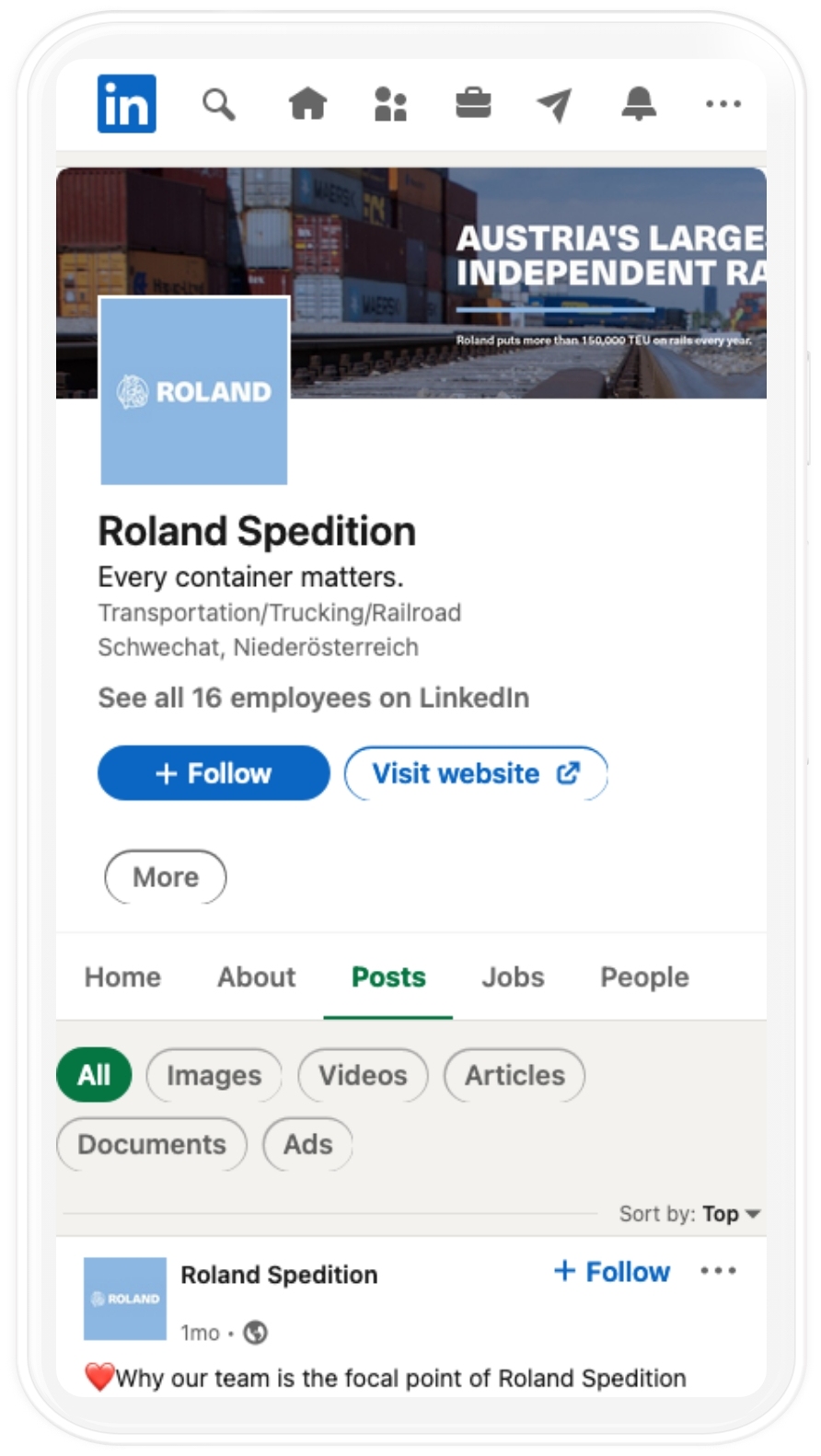 Linkedin Unternehmensaccount der Roland Spedition auf Mobile