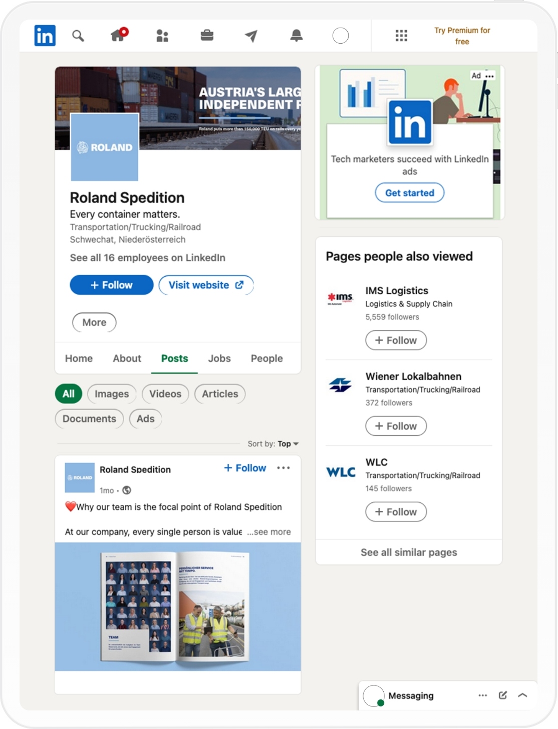 Linkedin Unternehmensaccount der Roland Spedition auf Tablet