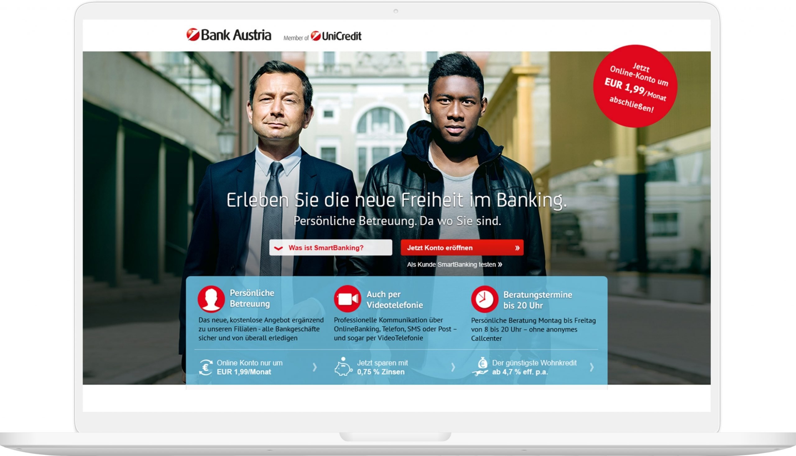 Viewport der Unicredit Bank Austria Website auf Laptop