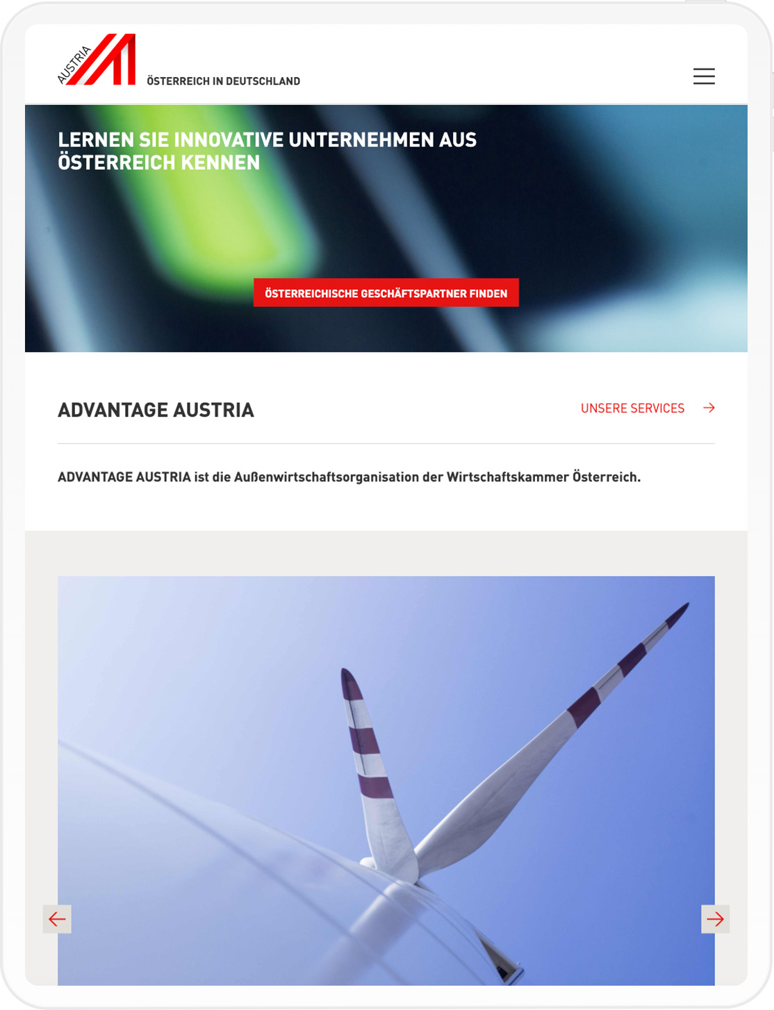 Landingpage von Advantage Austria in Tablet Auflösung