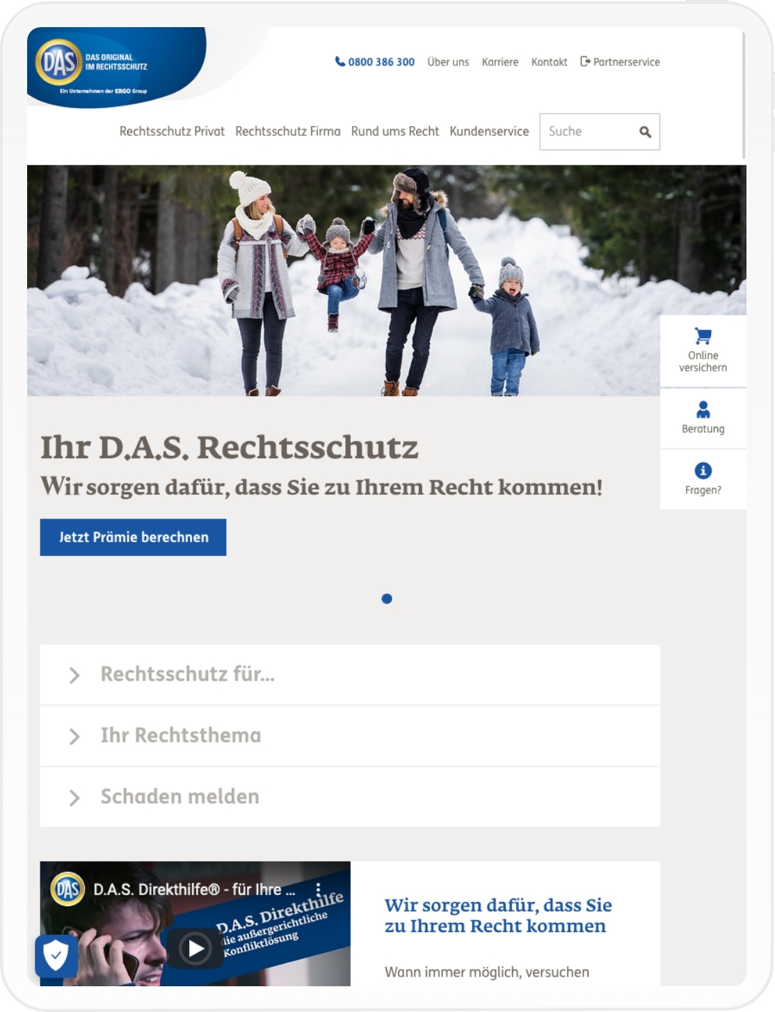 Viewport der D.A.S. Website in Tablet-Auflösung