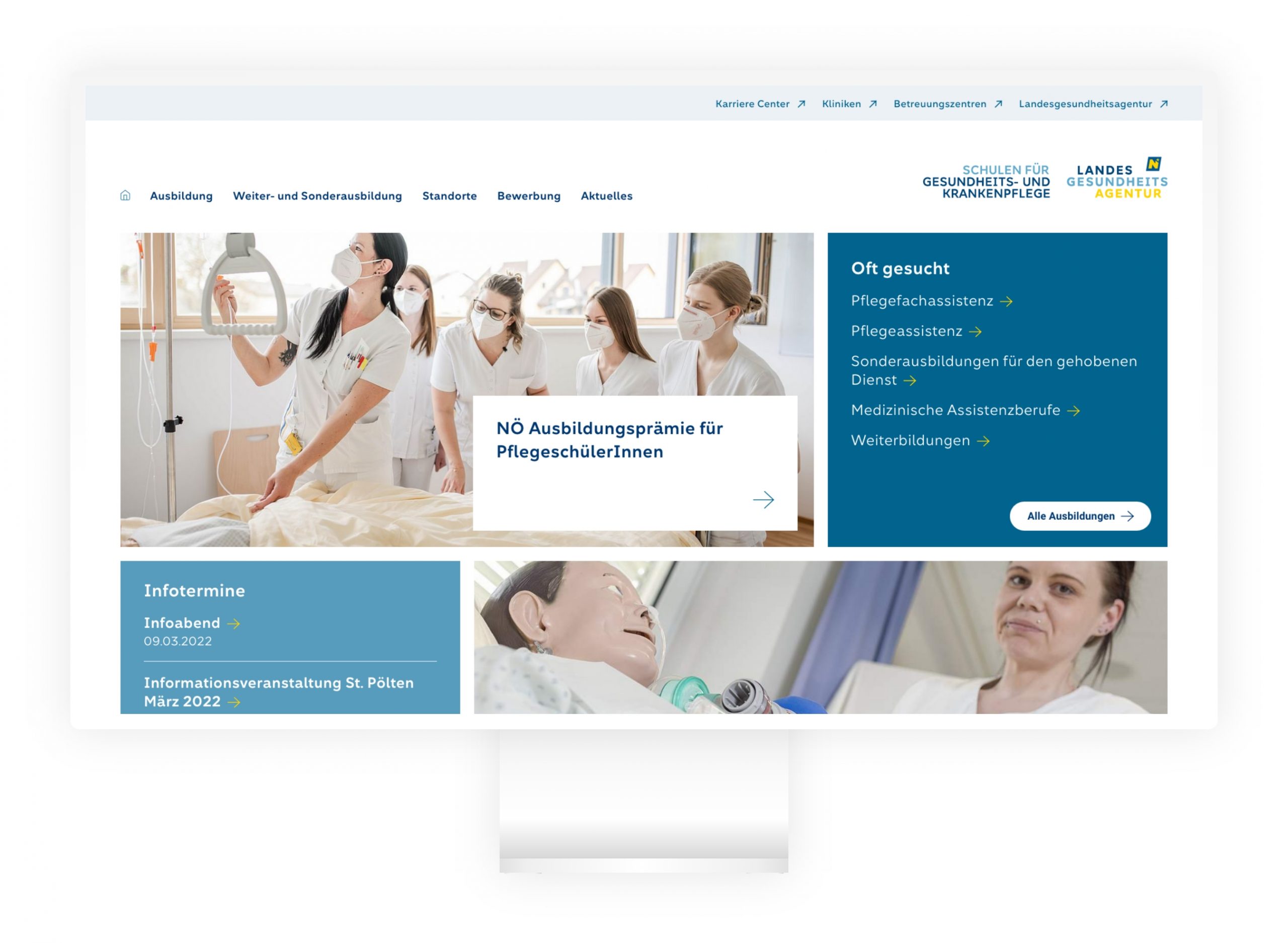Pflegeschulen Viewport der NÖ LGA Website auf dem Desktop