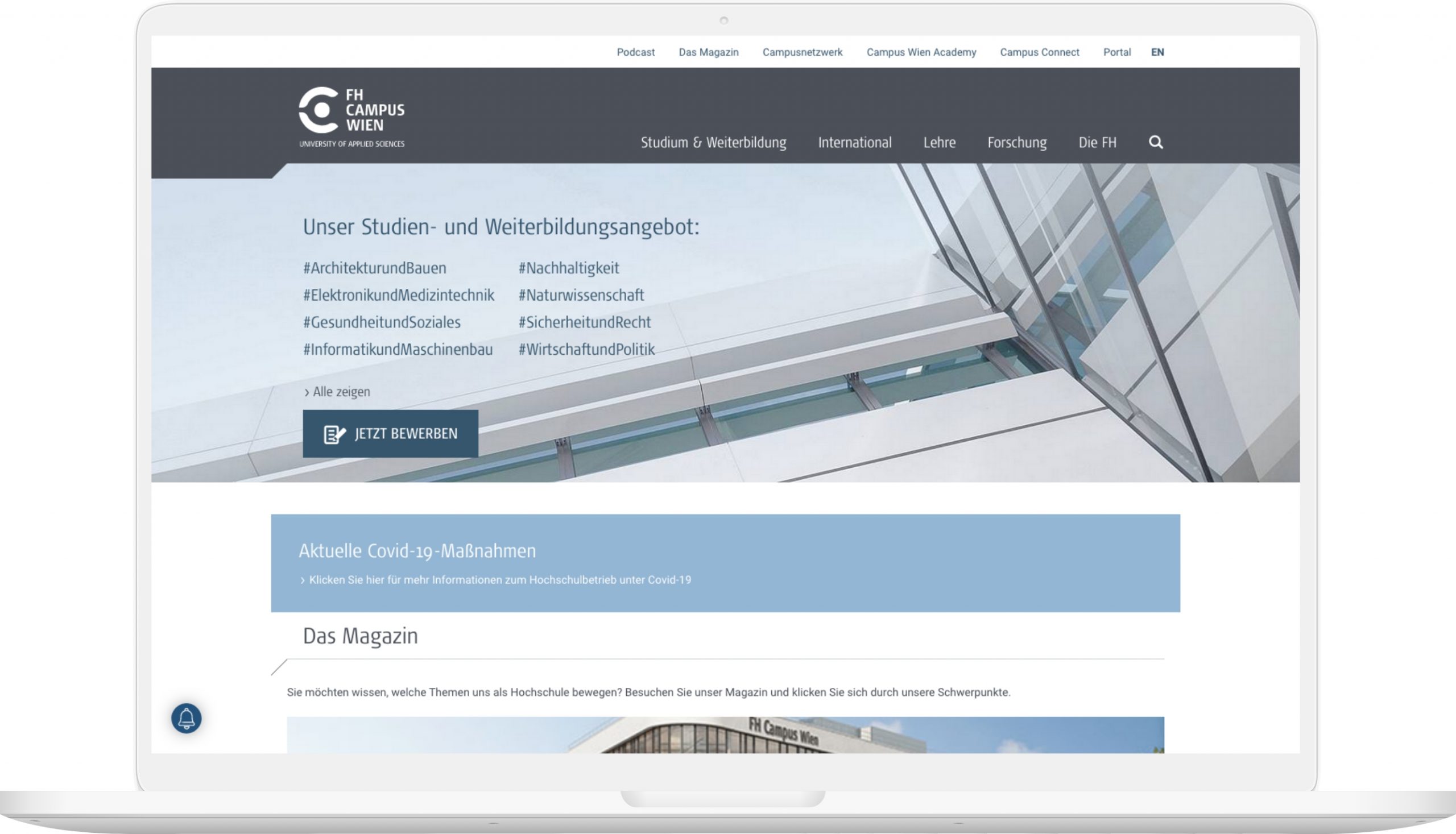 Landingpage der FH Campus Wien Laptop