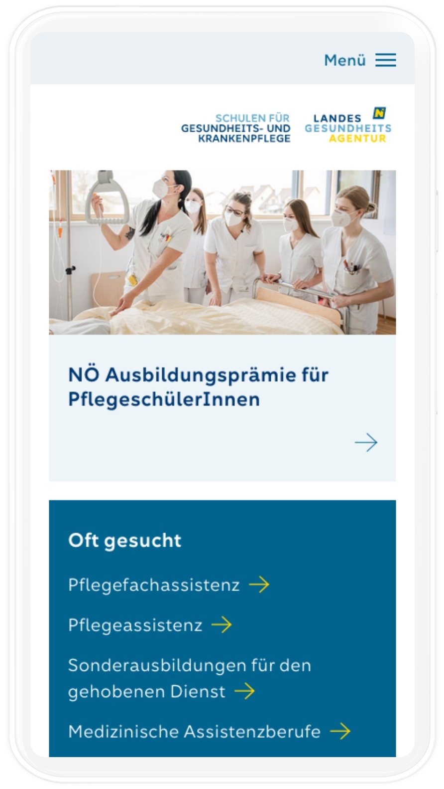 Pflegeschulen Viewport der NÖ LGA Website auf dem Mobile