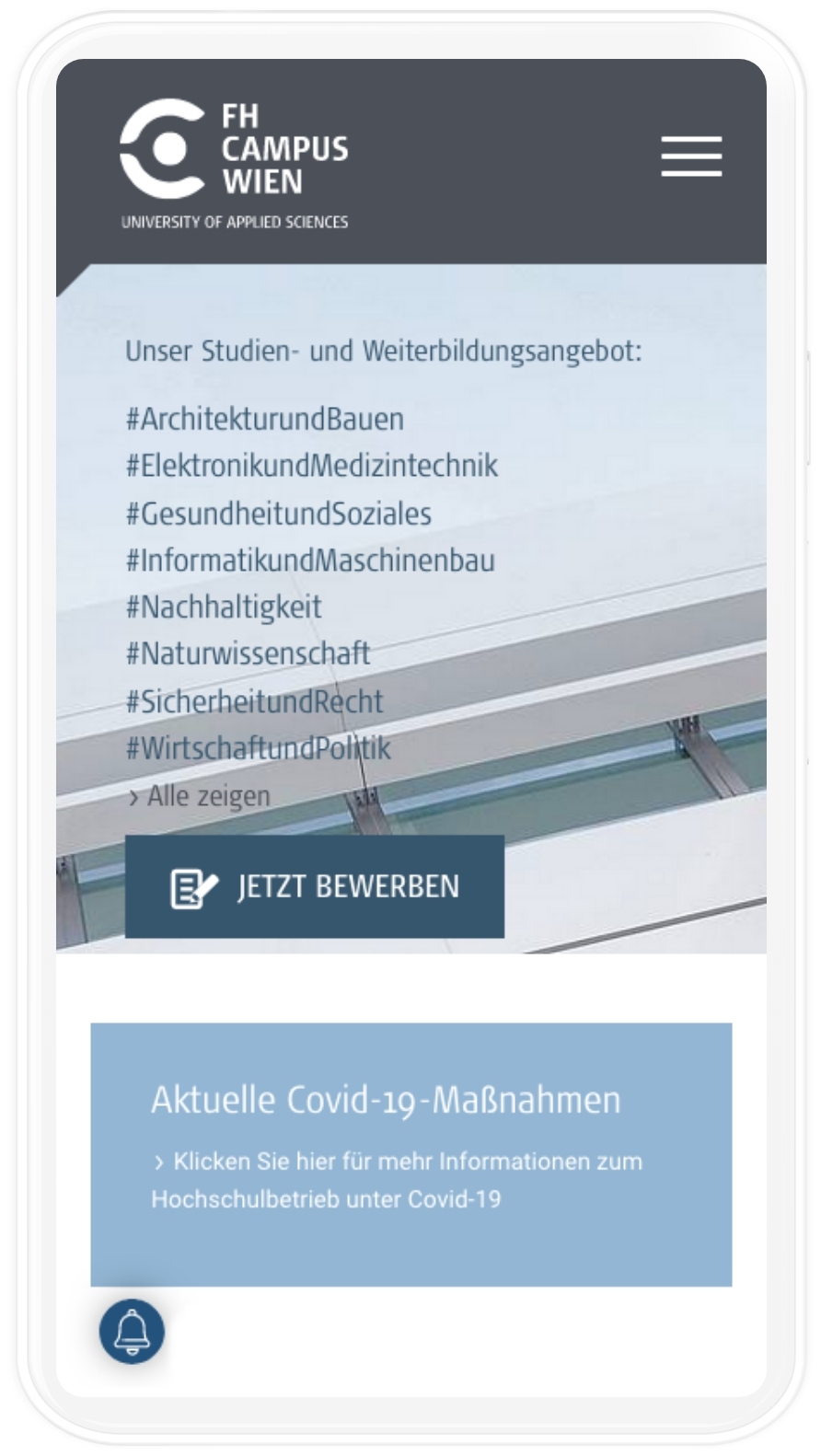 Landingpage der FH Campus Wien Mobile