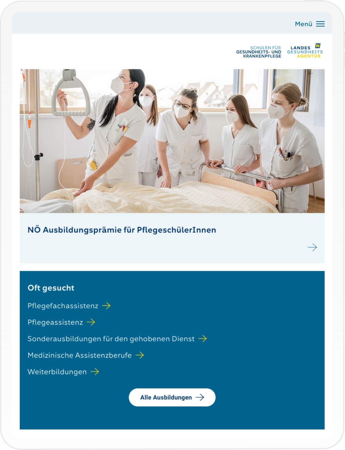 Pflegeschulen Viewport der NÖ LGA Website auf dem Tablet