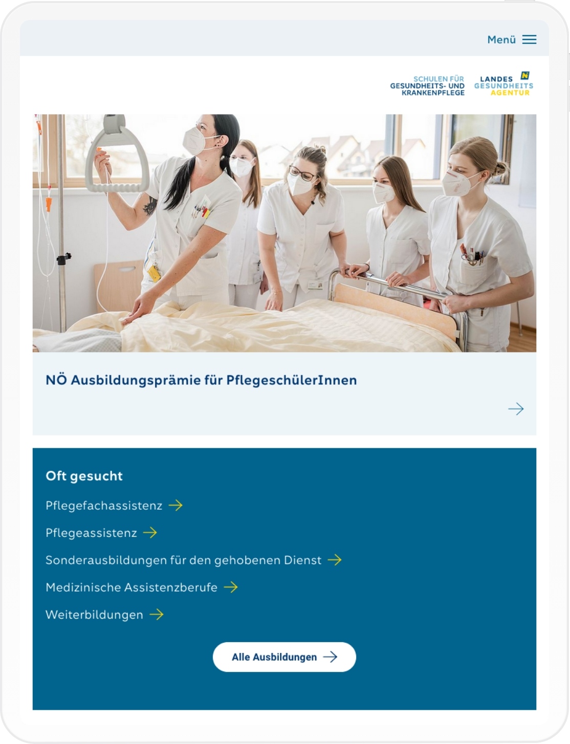 Pflegeschulen Viewport der NÖ LGA Website auf dem