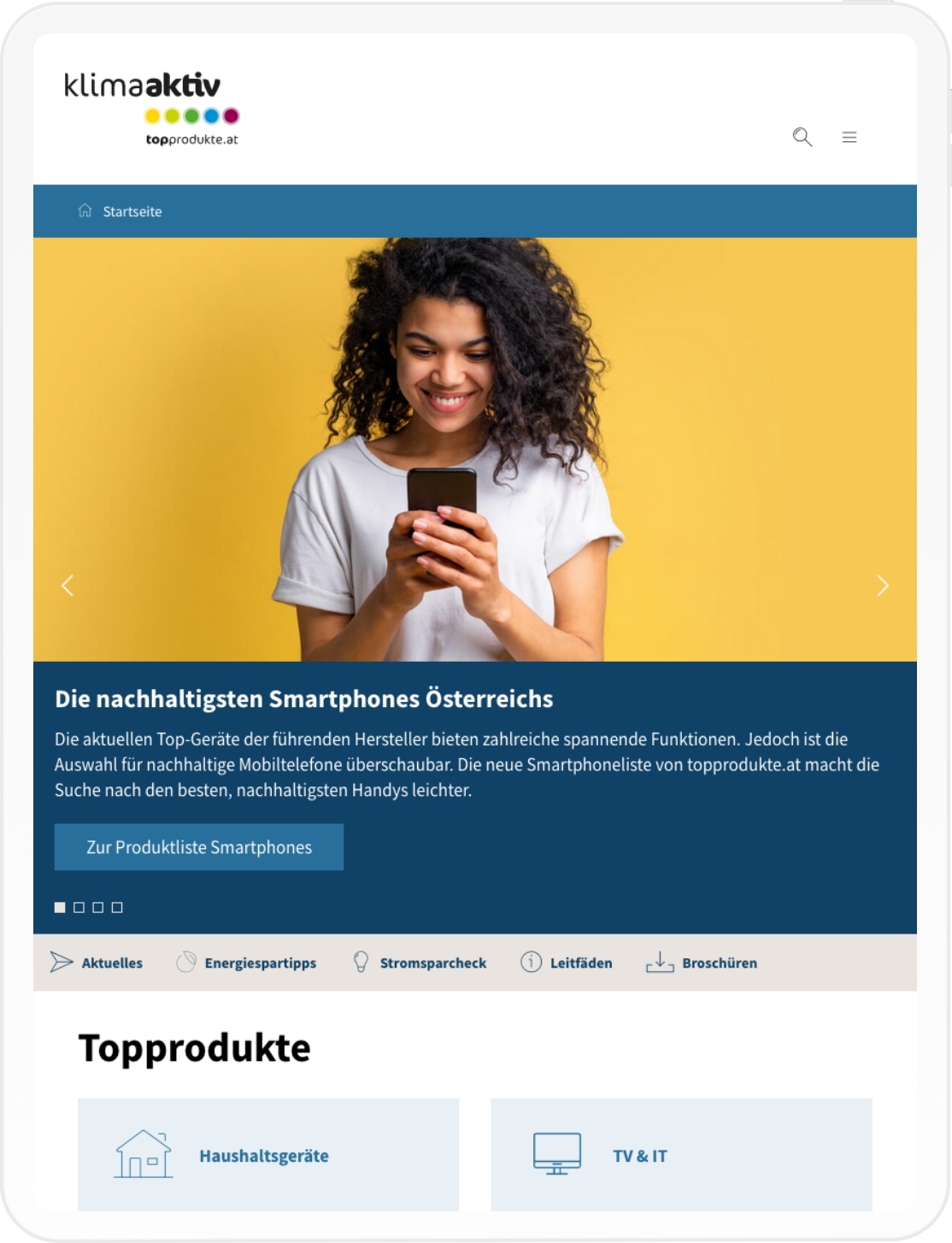 Viewpprt der Landingpage von BMK Topprodukte Tablet