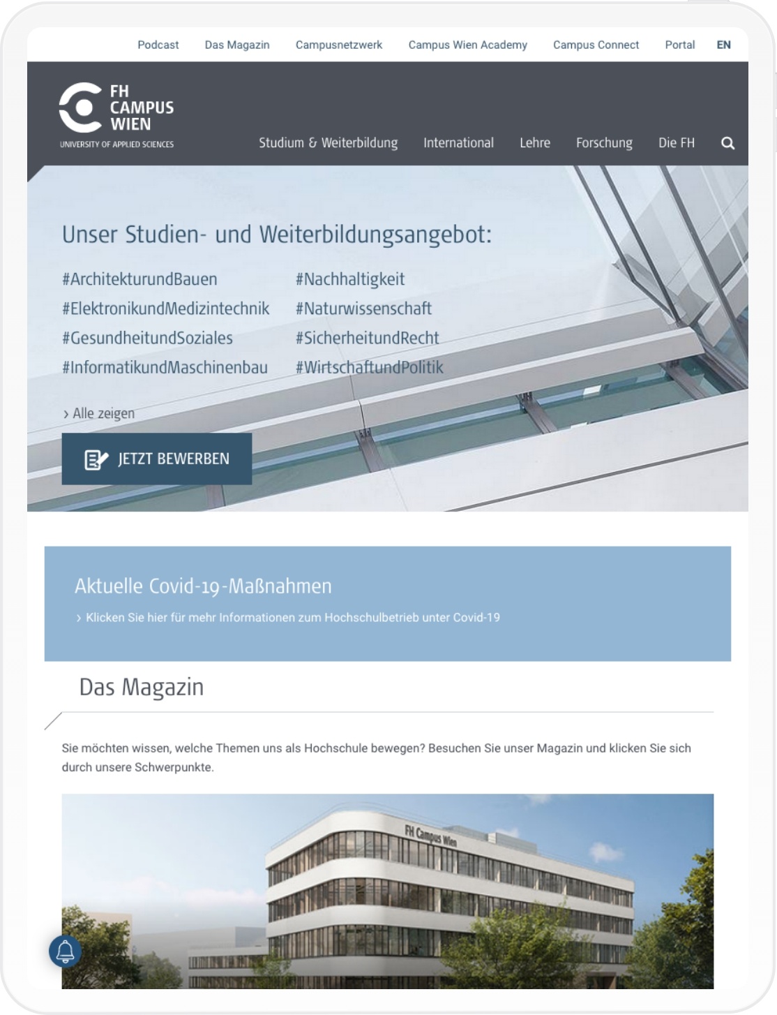 Landingpage der FH Campus Wien Tablet