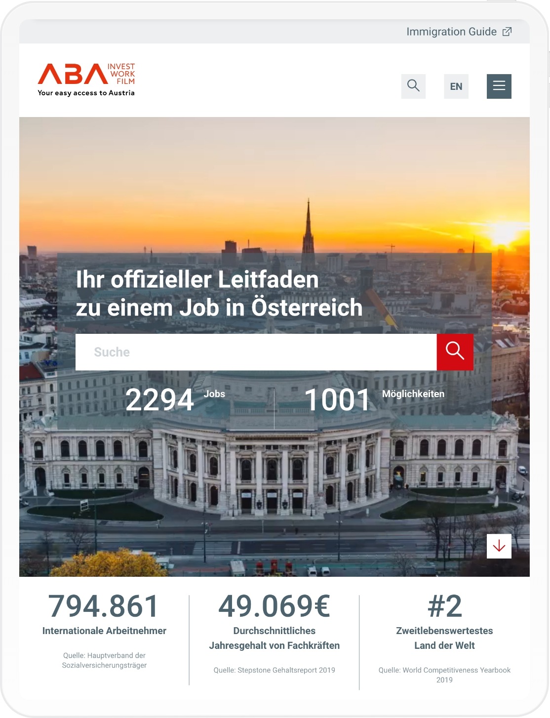 Tablet Ansicht der ABA Landingpage