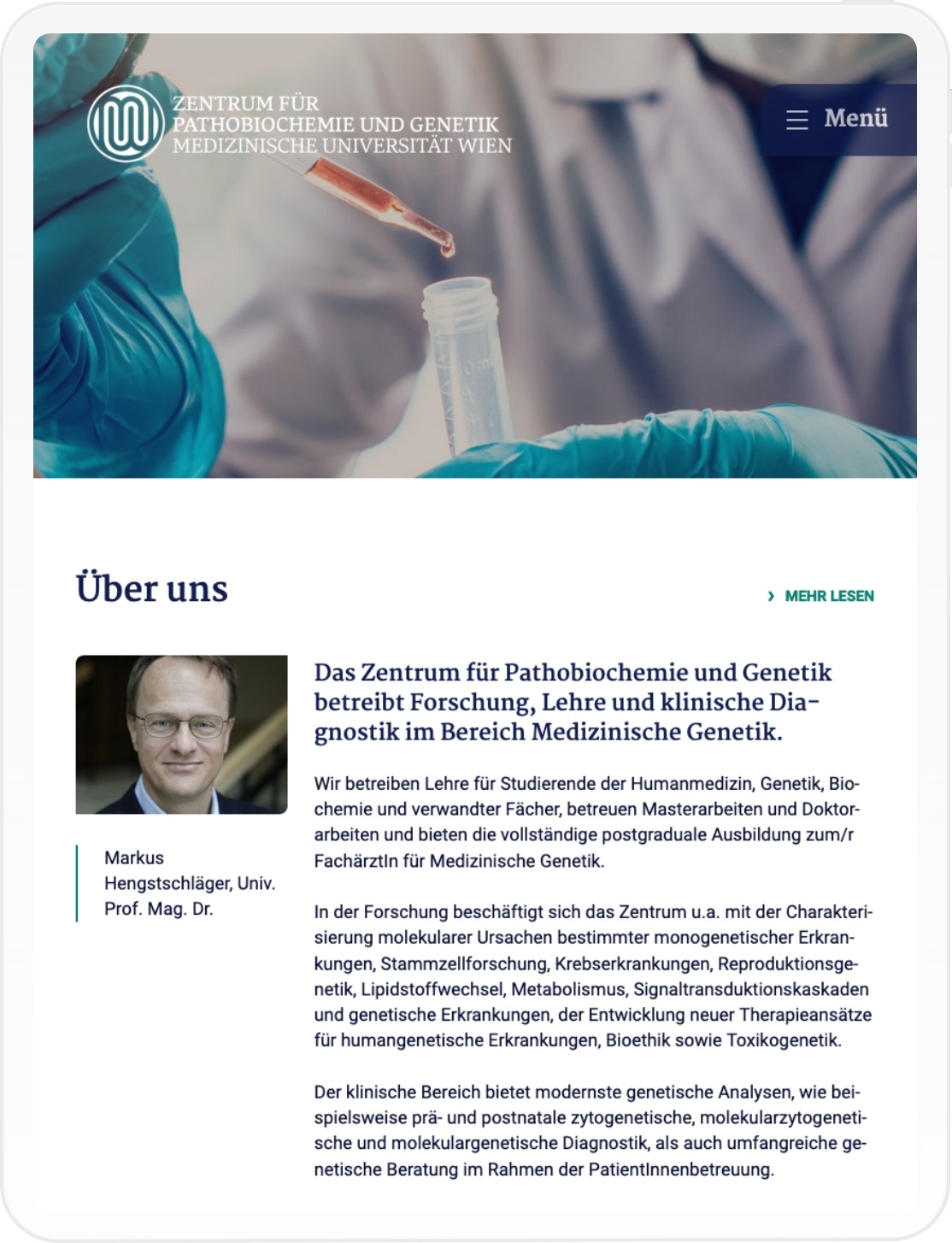 Viewport des Zentrum für Pathochemie und Genetik der Meduni Wien in Tablet-Auflösung