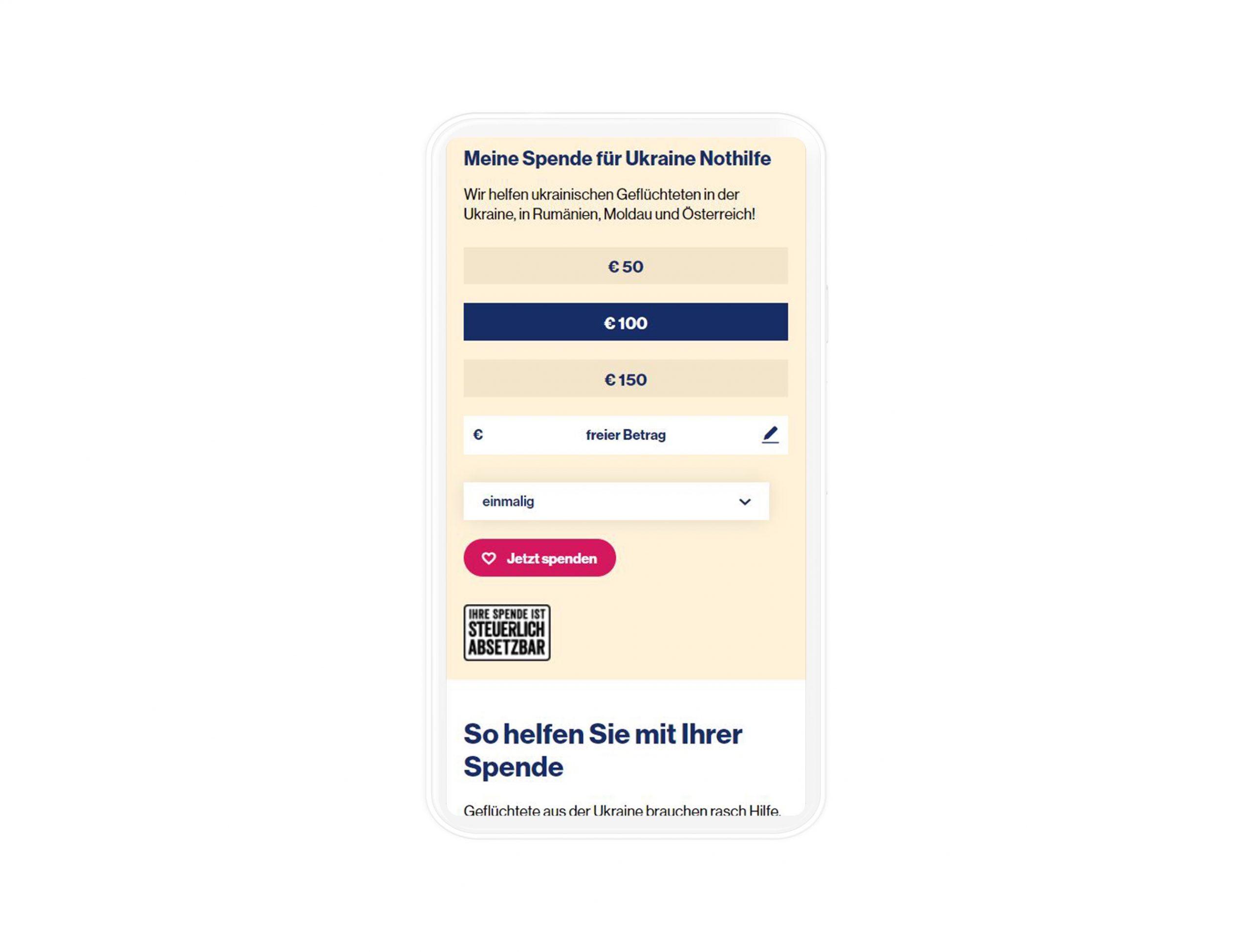 Spendenfunktion der Diakonie Website in Mobile-Auflösung