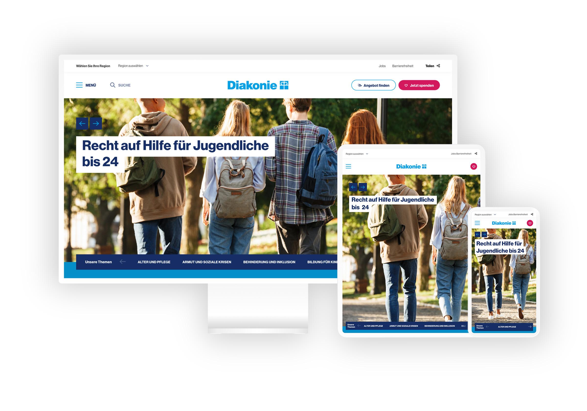 Viewport der Diakonie Website in Desktop, Tablet und Mpbile Auflösung