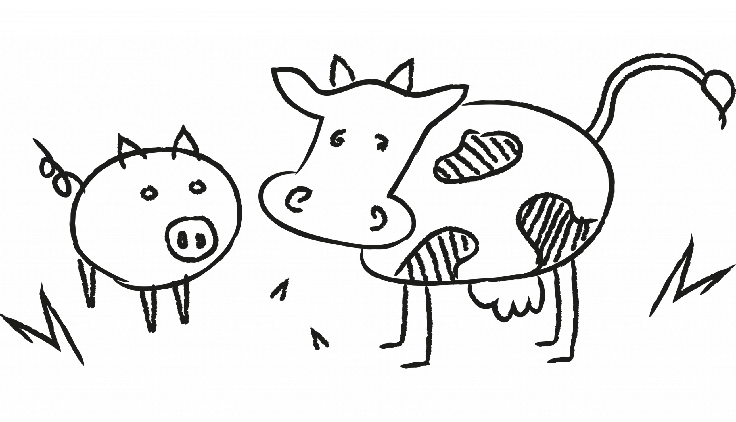 Eine Illustration einer Kuh und eines Schweins.