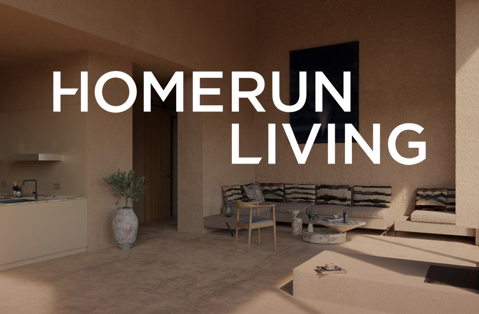 Das Homerun Living Logo vor einem Foto eines Wohnzimmers