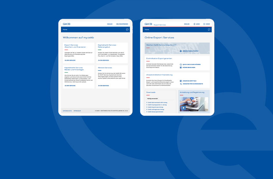 OeKB Website auf Tablets vor blauem Hintergrund