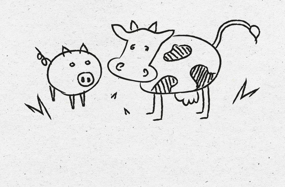 Illustration einer Kuh und eines Schweins.